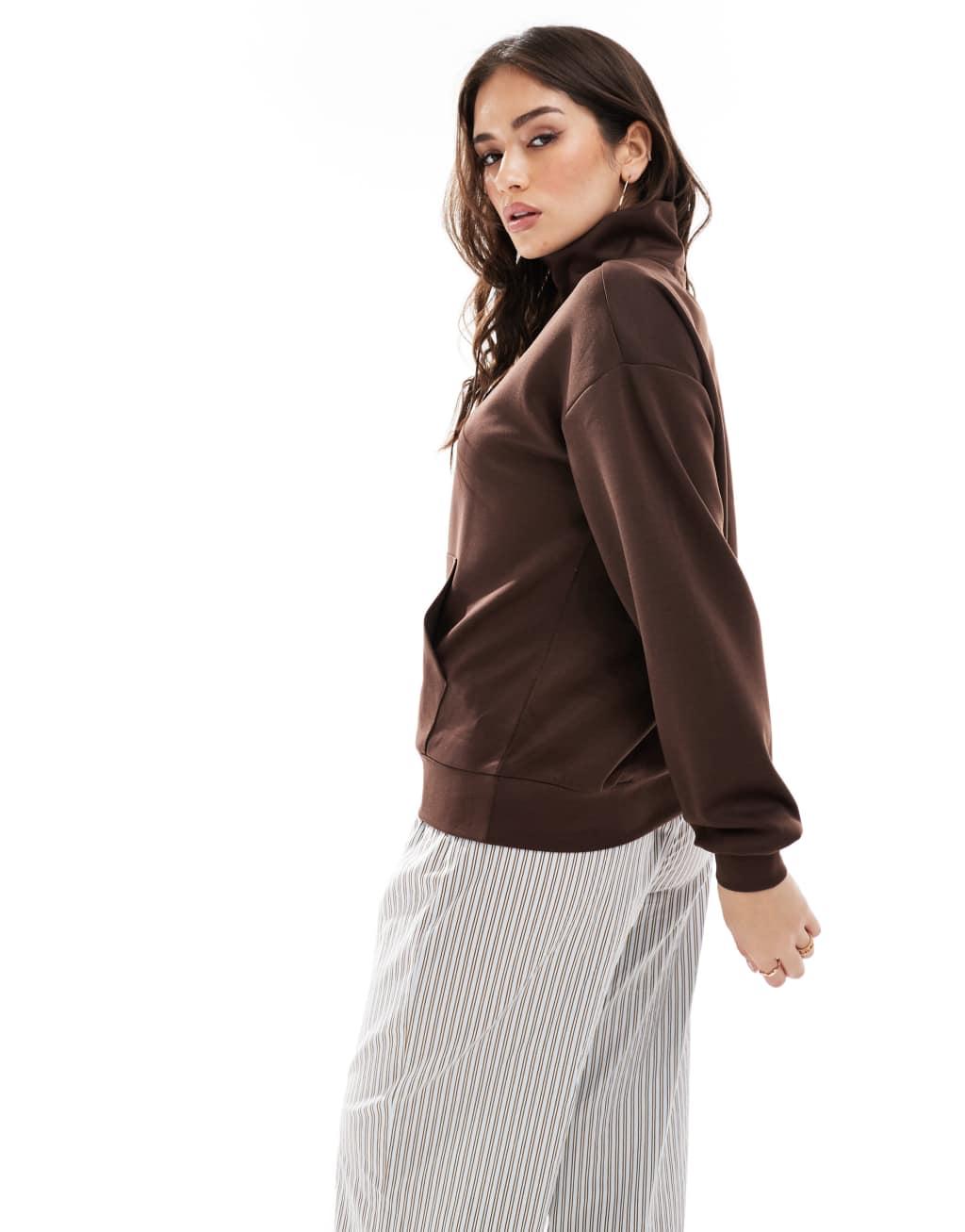 ONLY half zip sweat top in brown Product Image