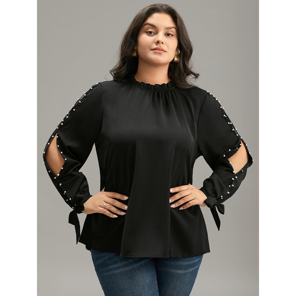 Plus Size Black Anti-Wrinkle Pearl Beaded Ties Cut Out Blouse Women Office Long Sleeve Halter neck Office Blouses BloomChic 18-20/2X Product Image