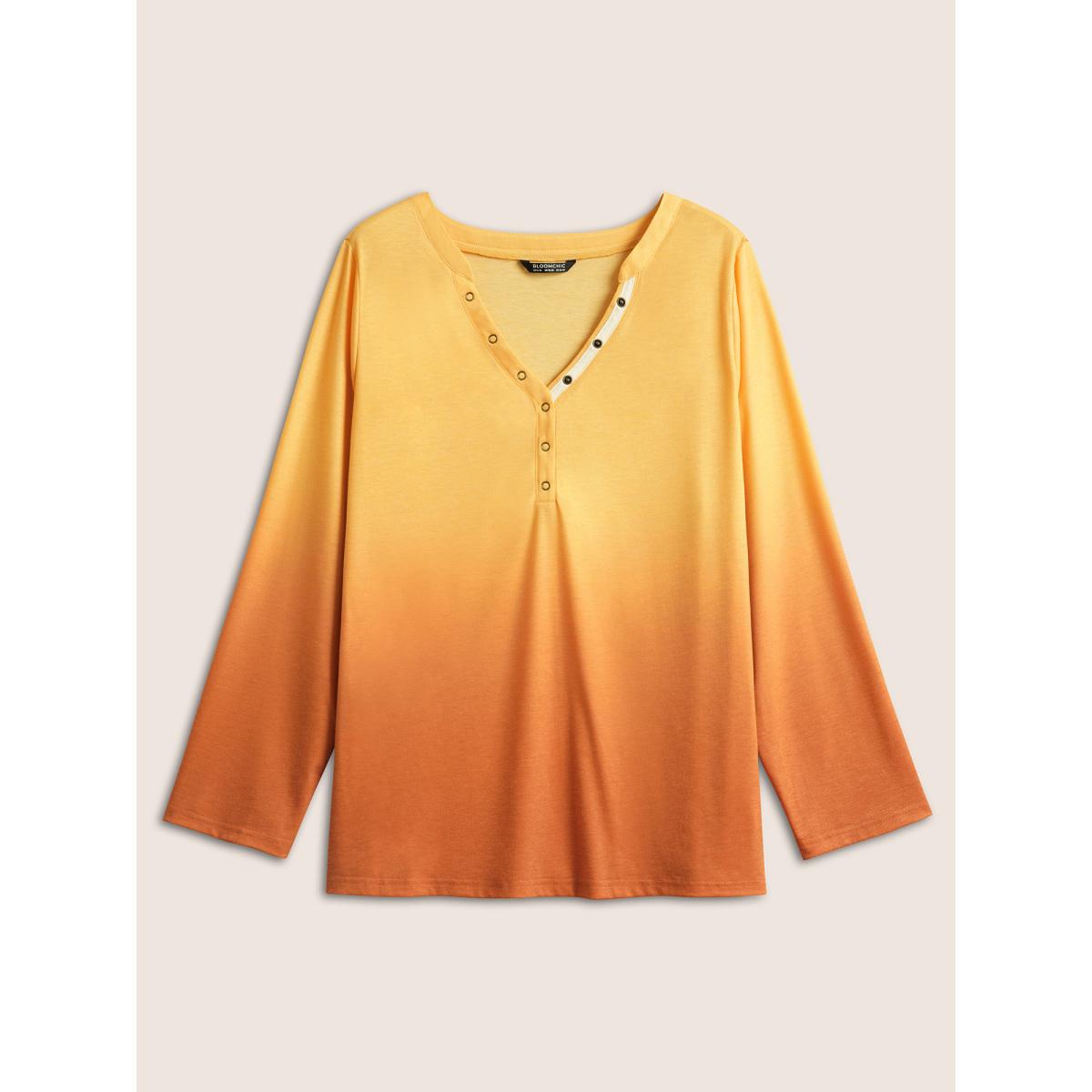 Plus Size Ombre Contrast Button Up T-shirt Yellow Women Resort Contrast Ombre V-neck Vacation T-shirts BloomChic 22-24/3X Product Image