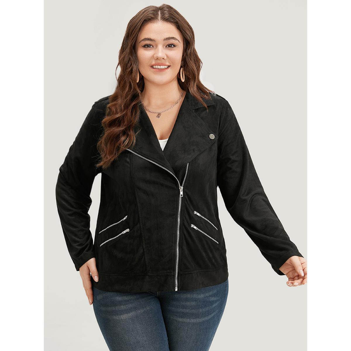 Plus Size Solid Lapel Collar Zipper Metal Detail Jacket Women Black Plain Dailywear Jackets BloomChic 22-24/3X Product Image