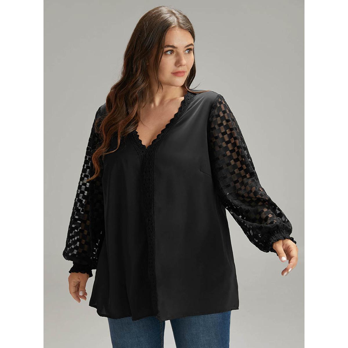 Plus Size Black Lace Panel V Neck Shirred Mesh Blouse Women Glamour Long Sleeve V-neck Going out Blouses BloomChic 30/6X Product Image