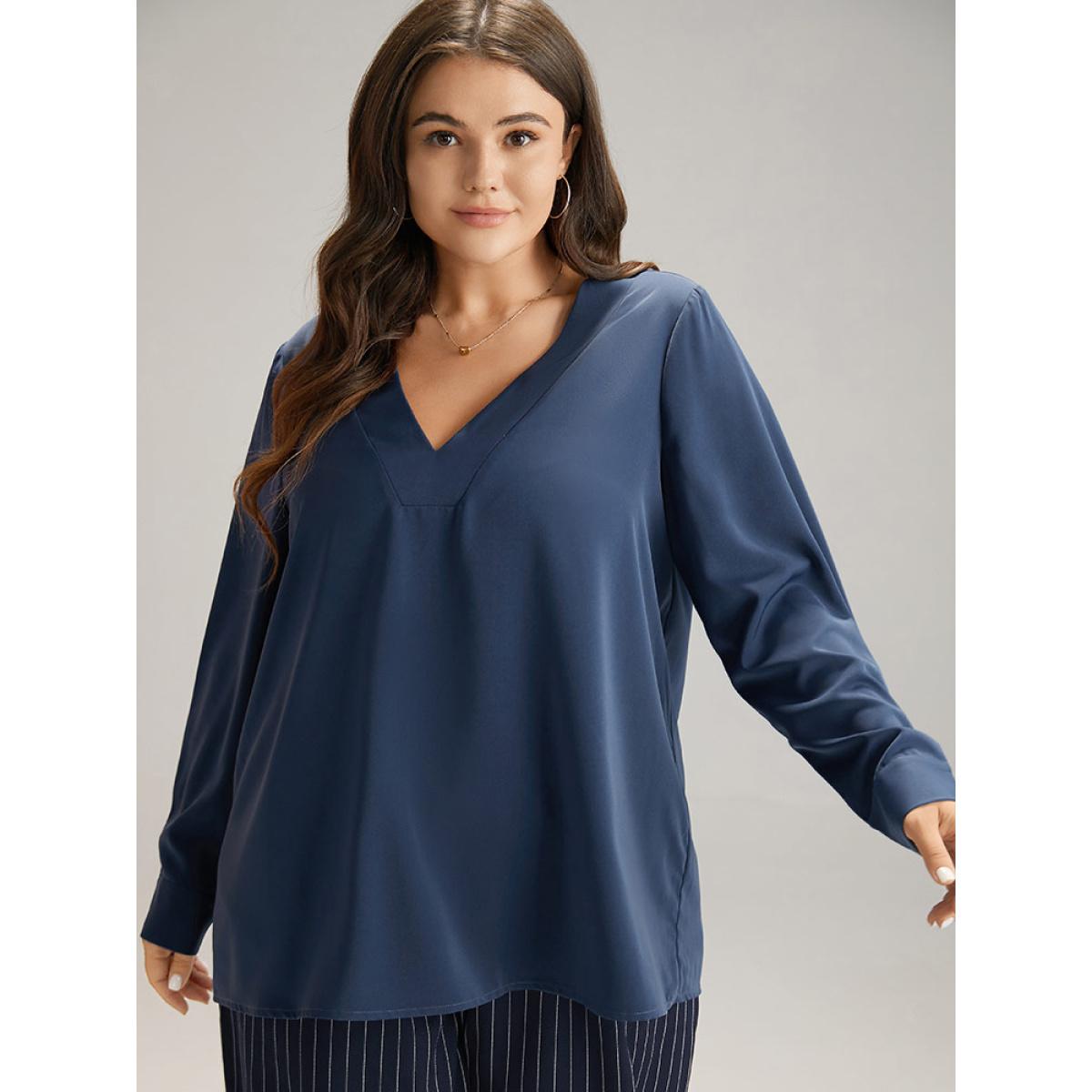 Plus Size Indigo Solid V Neck Button Up Pleated Blouse Women Office Long Sleeve V-neck Office Blouses BloomChic 14-16/1X Product Image
