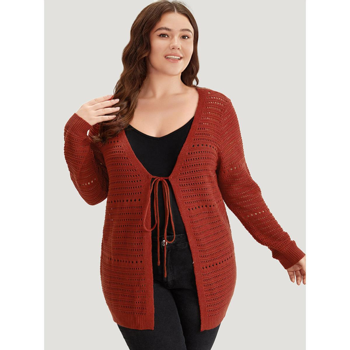 Plus Size Plain Ties Front Geometric Eyelet Cardigan Rust Women Casual Loose Long Sleeve Dailywear Cardigans BloomChic 28/5X Product Image