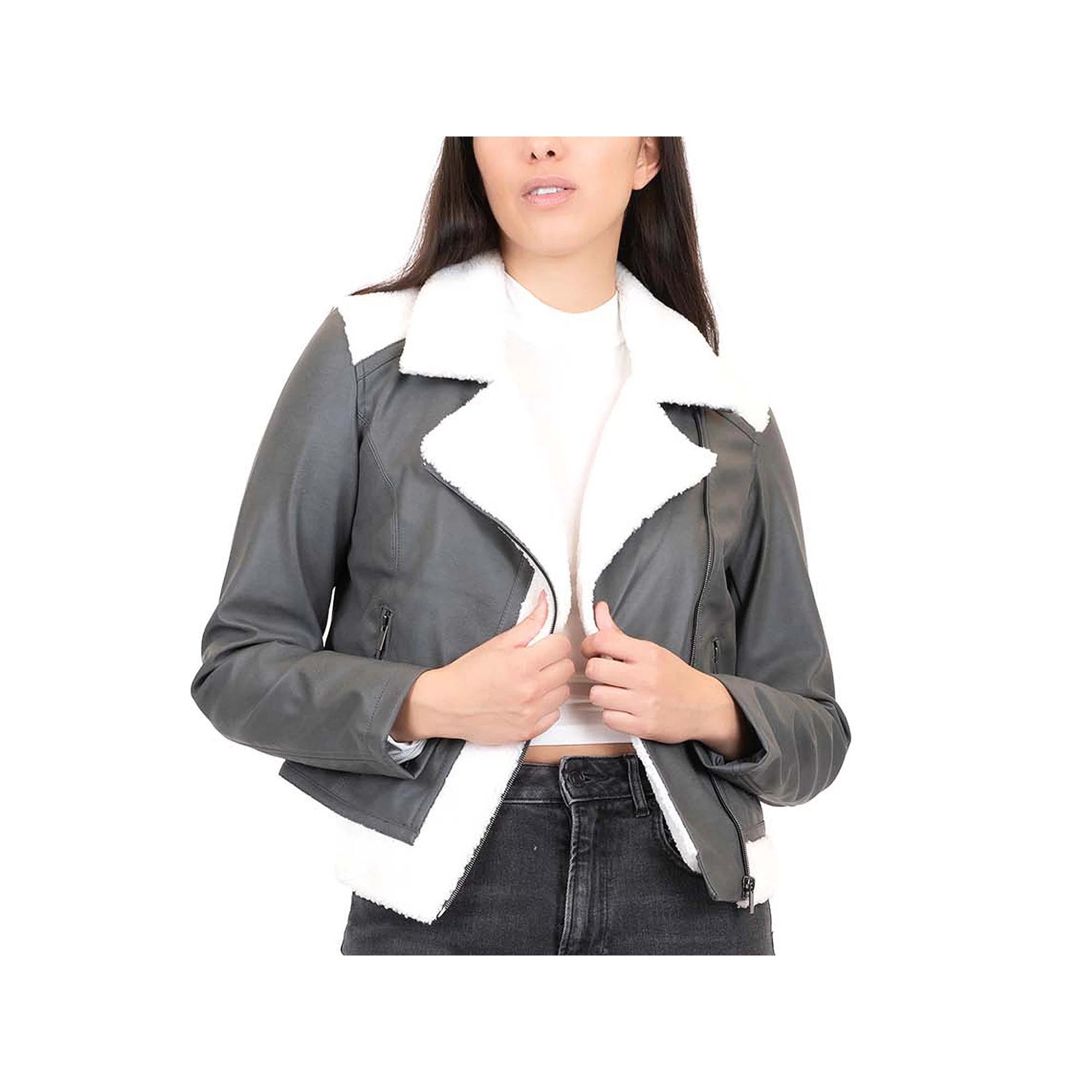 Junior's Coffee Shop Faux Leather Sherpa Trim Moto Jacket, Women's, Size: Large, Grey Ivory Product Image