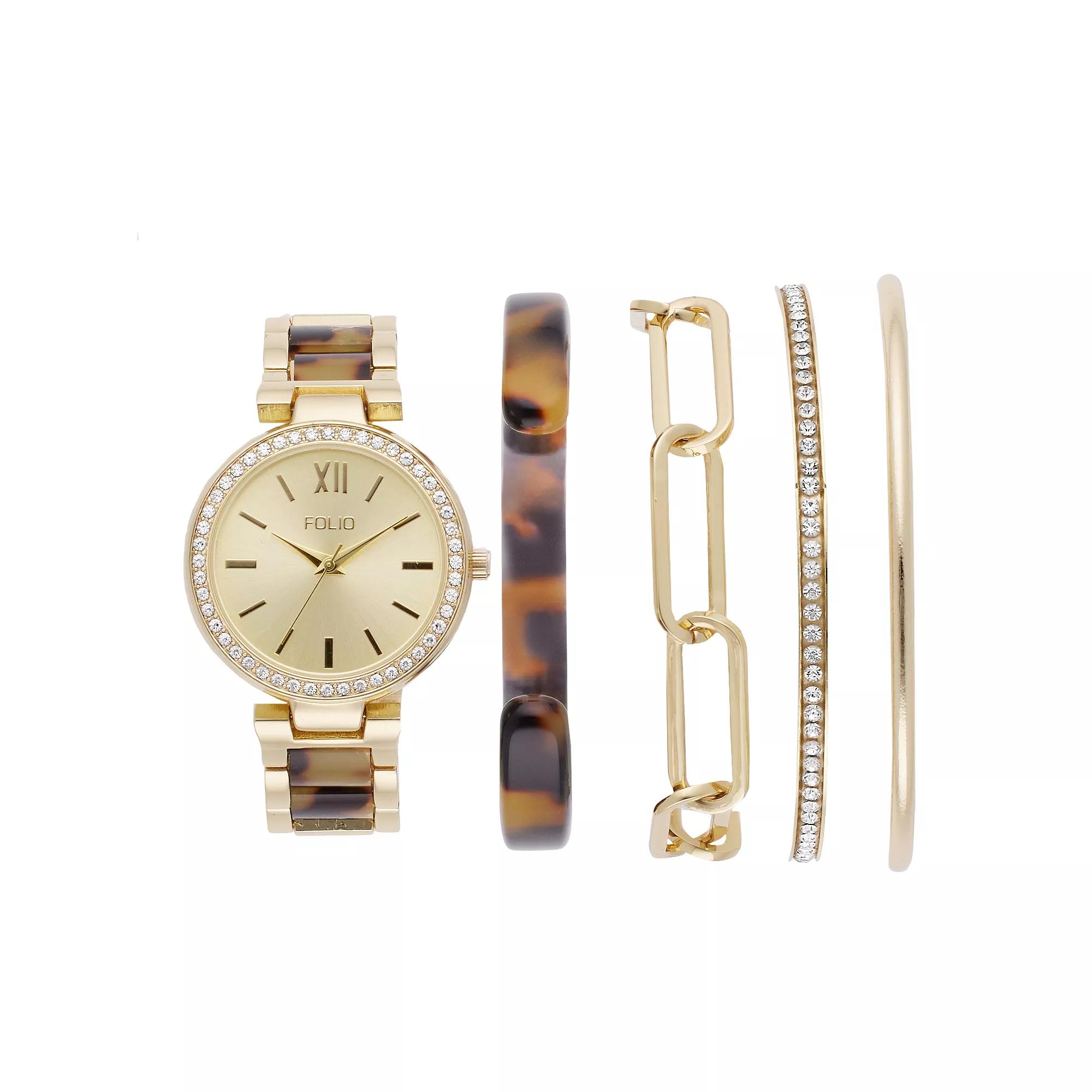 Folio Womens Gold Tone Glitz Watch & Stackable Bangle Bracelet Set Product Image