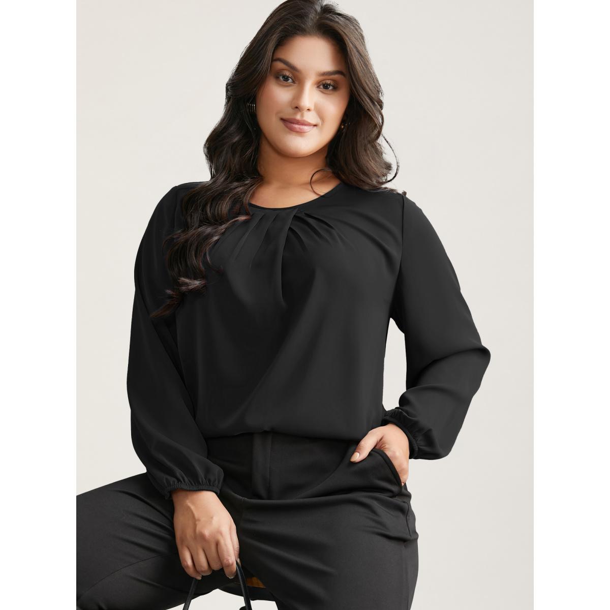 Plus Size Black Solid Crew Neck Lantern Sleeve Blouse Women At the Office Long Sleeve Round Neck Work Blouses BloomChic 28/5X Product Image