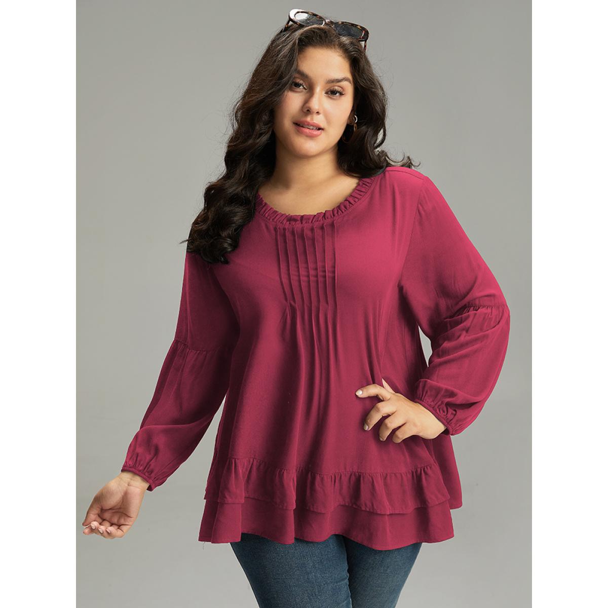 Plus Size Scarlet Seam Detail Frill Trim Layered Blouse Women Elegant Long Sleeve Round Neck Dailywear Blouses BloomChic 14-16/1X Product Image