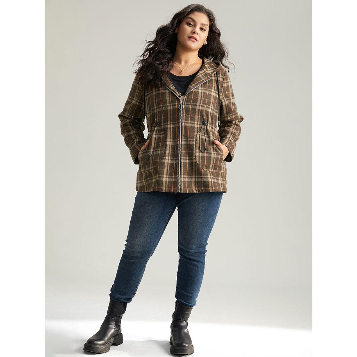Plus Size Plaid Drawstring Slant Pocket Coat Women DarkBrown Casual Contrast Ladies Dailywear Winter Coats BloomChic 18-20/2X Product Image