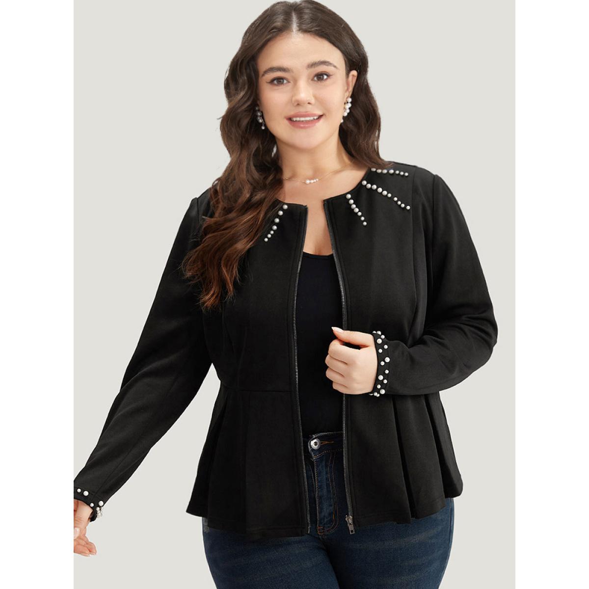 Plus Size Pearl Beaded Zipper Plicated Detail Coat Women Black Work From Home Plain Ladies Office Winter Coats BloomChic 30/6X Product Image