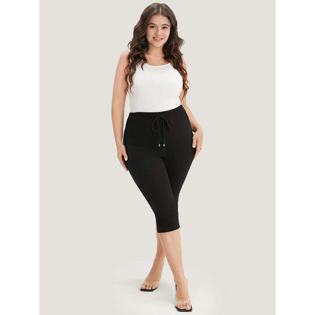 Plus Size Drawstring Elastic Waist Pocket Skinny Leggings Women Black Elegant High stretch Skinny Mid Rise Dailywear Leggings BloomChic 12/L Product Image