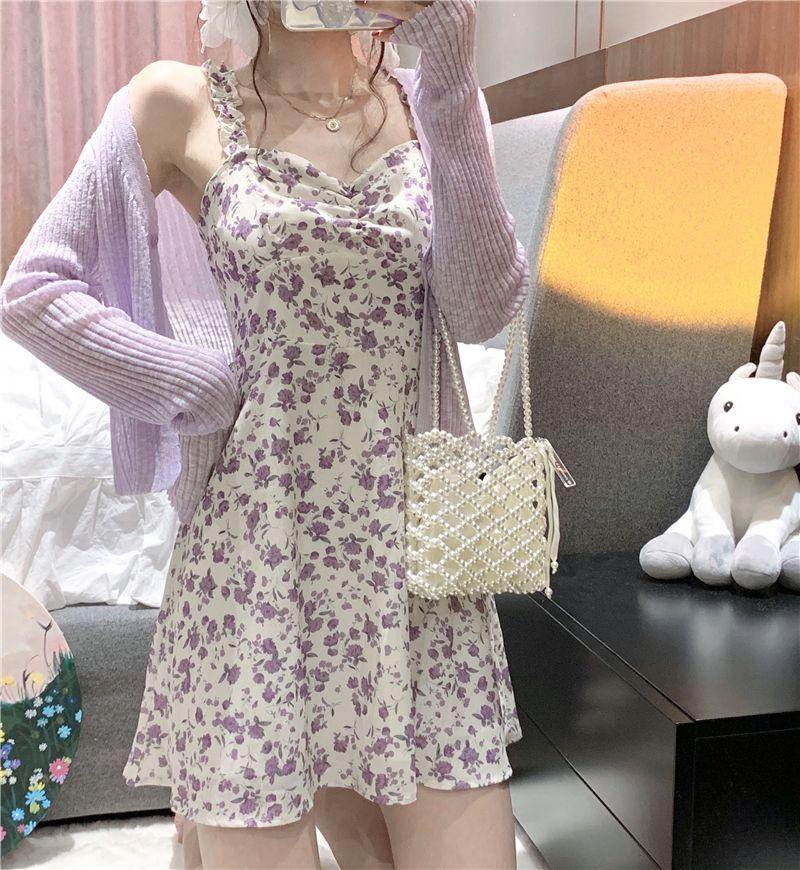 Spaghetti Strap Floral Print Mini A-Line Dress / Cardigan Product Image