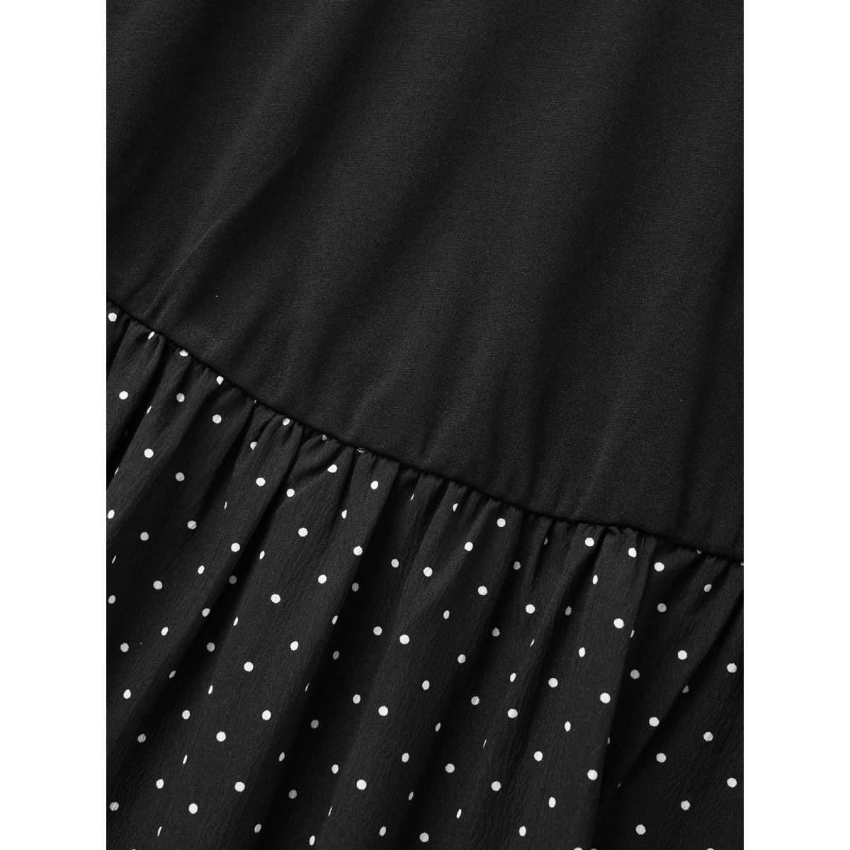 Plus Size Polka Dot Patchwork Belted Square Neck Dress Black Women At the Office Non Square Neck Elbow-length sleeve Curvy Midi Dress BloomChic 14-16/1X Product Image