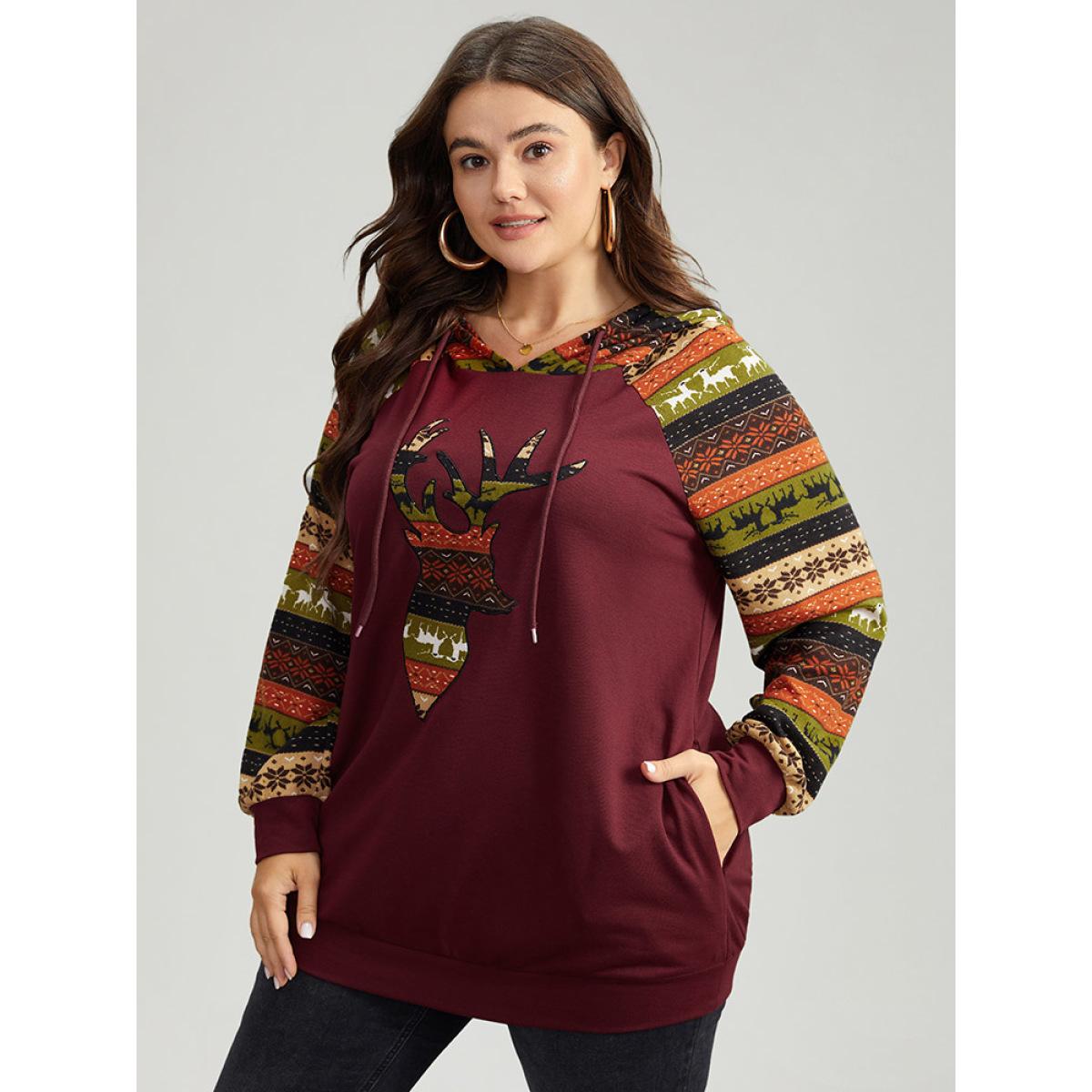 Plus Size Christmas Print Pocket Hooded Drawstring Sweatshirt Women Burgundy Casual Contrast Festival-Christmas Sweatshirts BloomChic 30/6X Product Image
