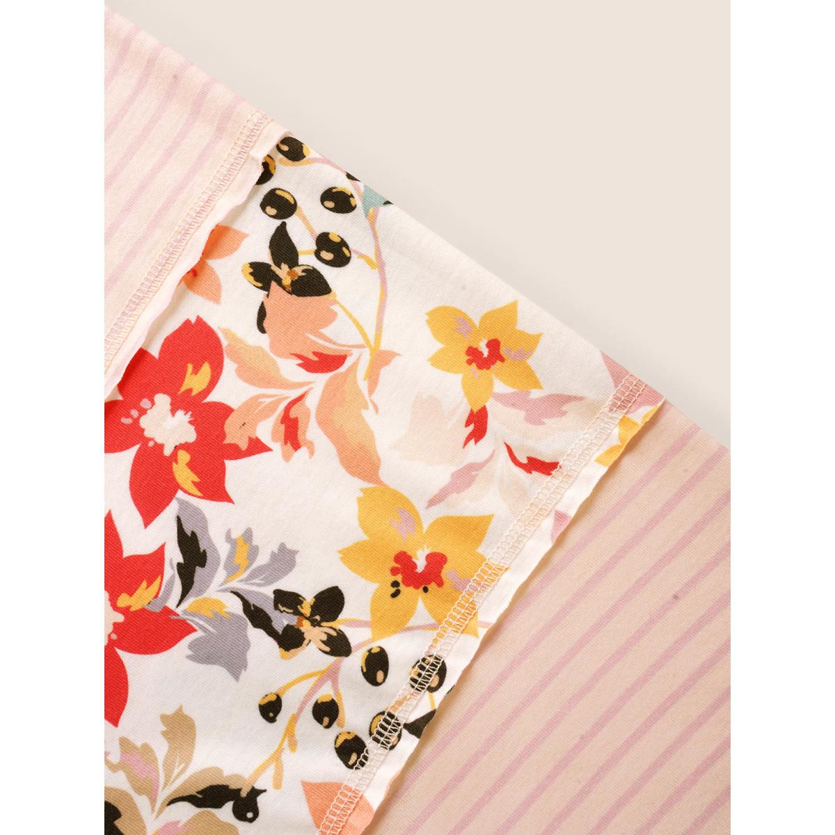 Plus Size Crew Neck Striped Patchwork Floral Print T-shirt MistyRose Women Casual Contrast Natural Flowers Round Neck Everyday T-shirts BloomChic 30/6X Product Image