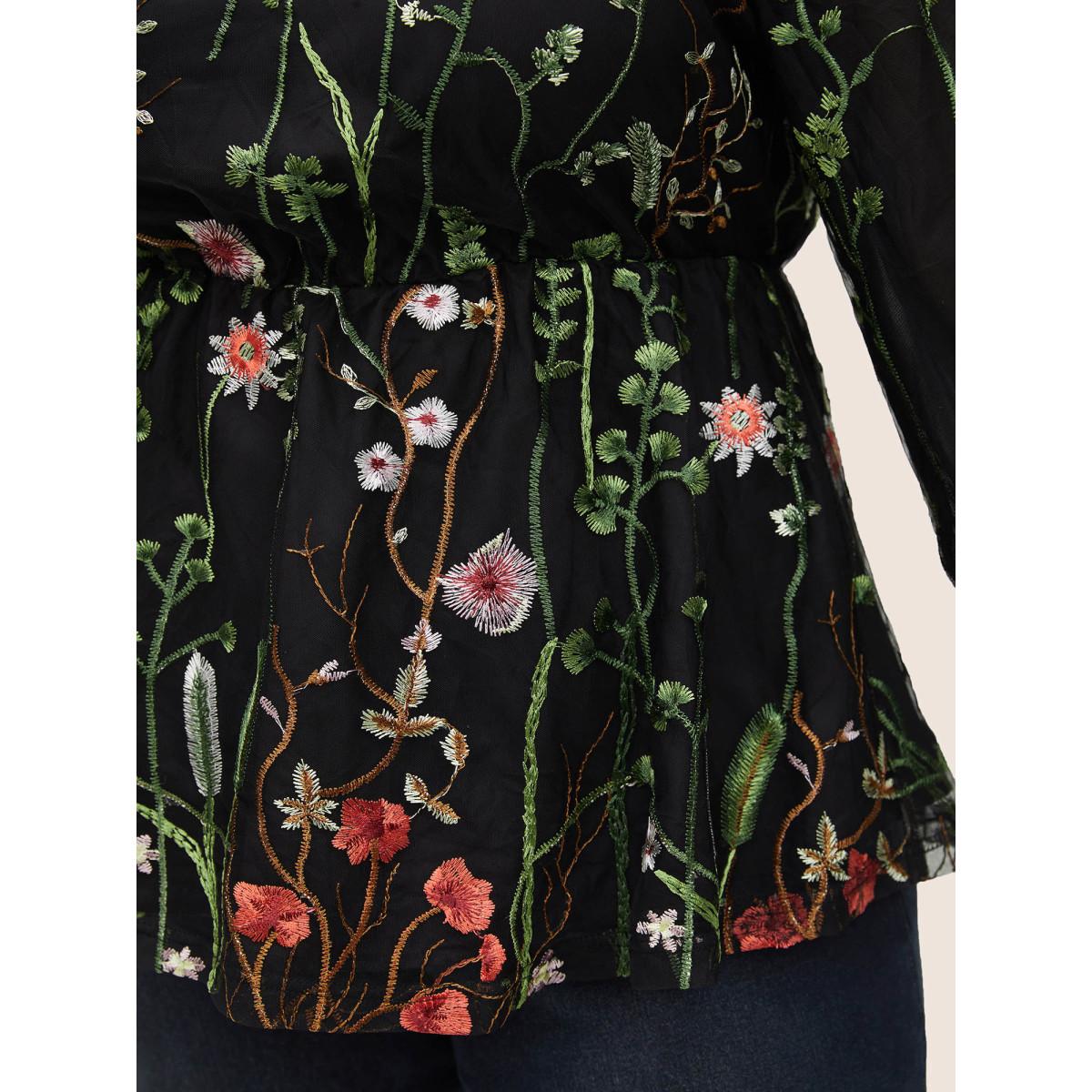 Plus Size Black Plants Embroidered Mesh Crochet Gathered Blouse Women Cocktail Long Sleeve Round Neck Party Blouses BloomChic 10/M Product Image
