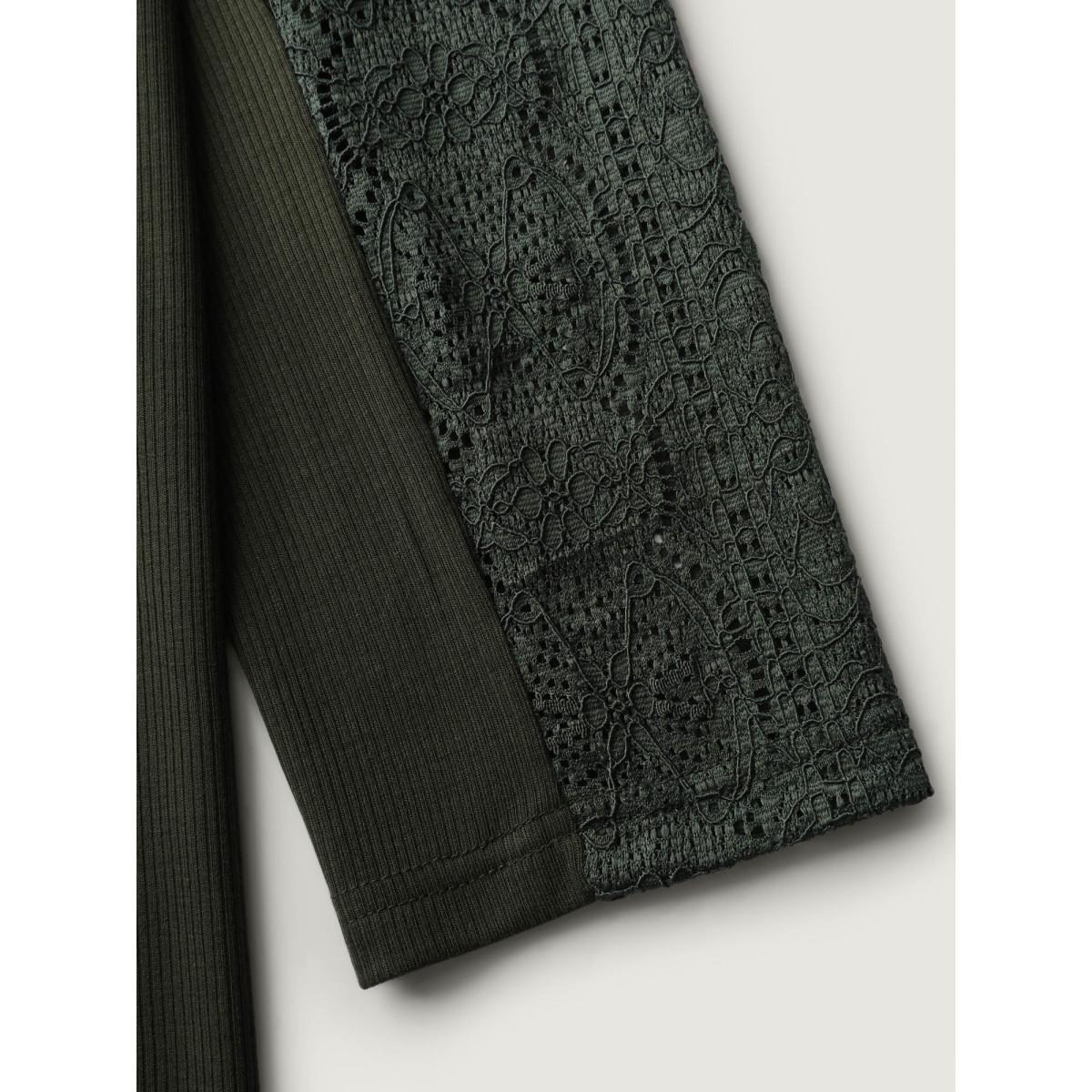 Plus Size Mock Neck Lace Splicing Ribbed Texture T-Shirt ArmyGreen Women Leisure Turtleneck Casual T-shirts BloomChic 30/6X Product Image