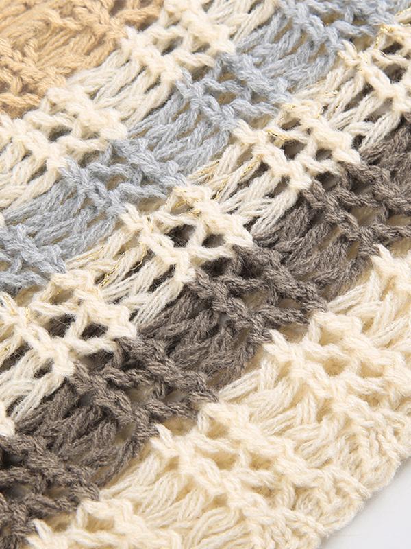 Super Crop Long Sleeve Knit Striped Crochet Top Product Image