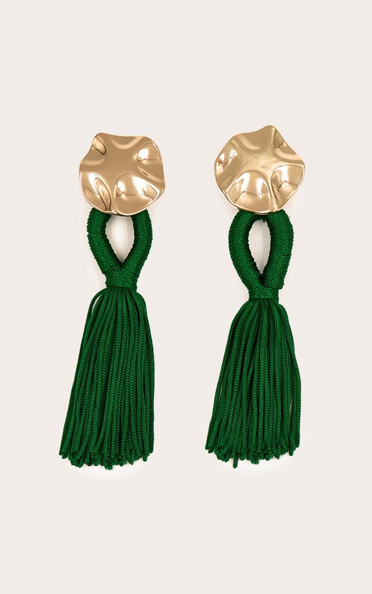 Gold Hammered Circular Earrings with Emerald Tassel Detail Product Image