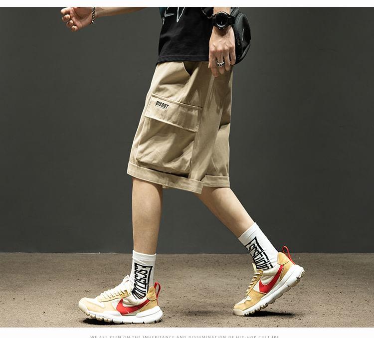 Mid Rise Letter Embroidered Cargo Shorts Product Image