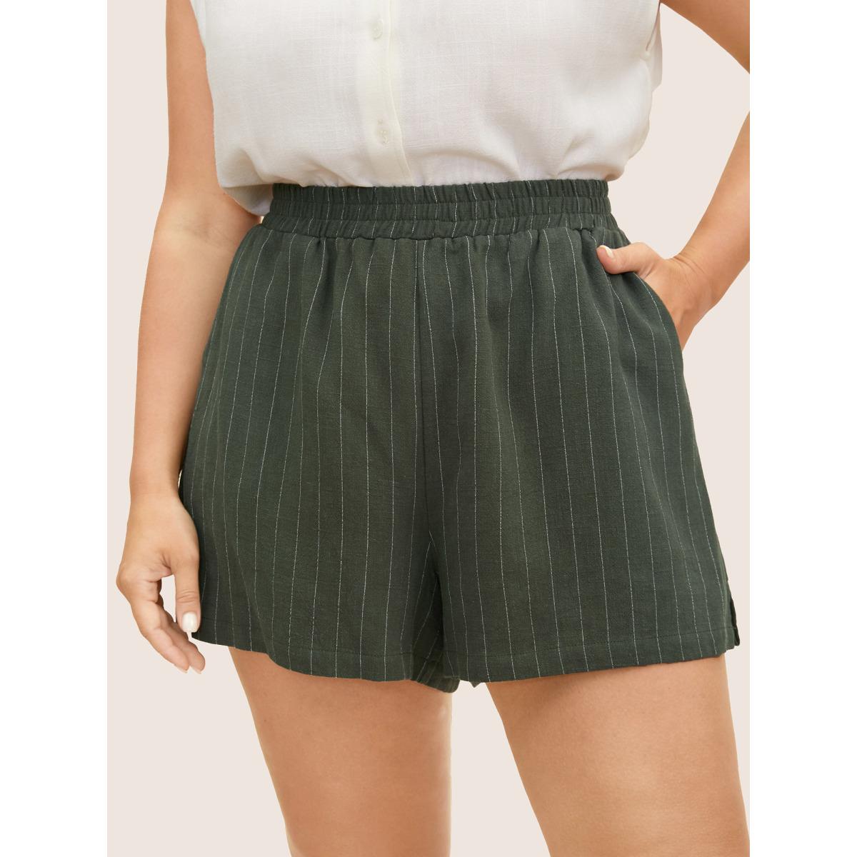 Plus Size Linen Blend Striped Split Side Mid Rise Shorts Women ArmyGreen Casual Slit Everyday Shorts BloomChic 18-20/2X Product Image