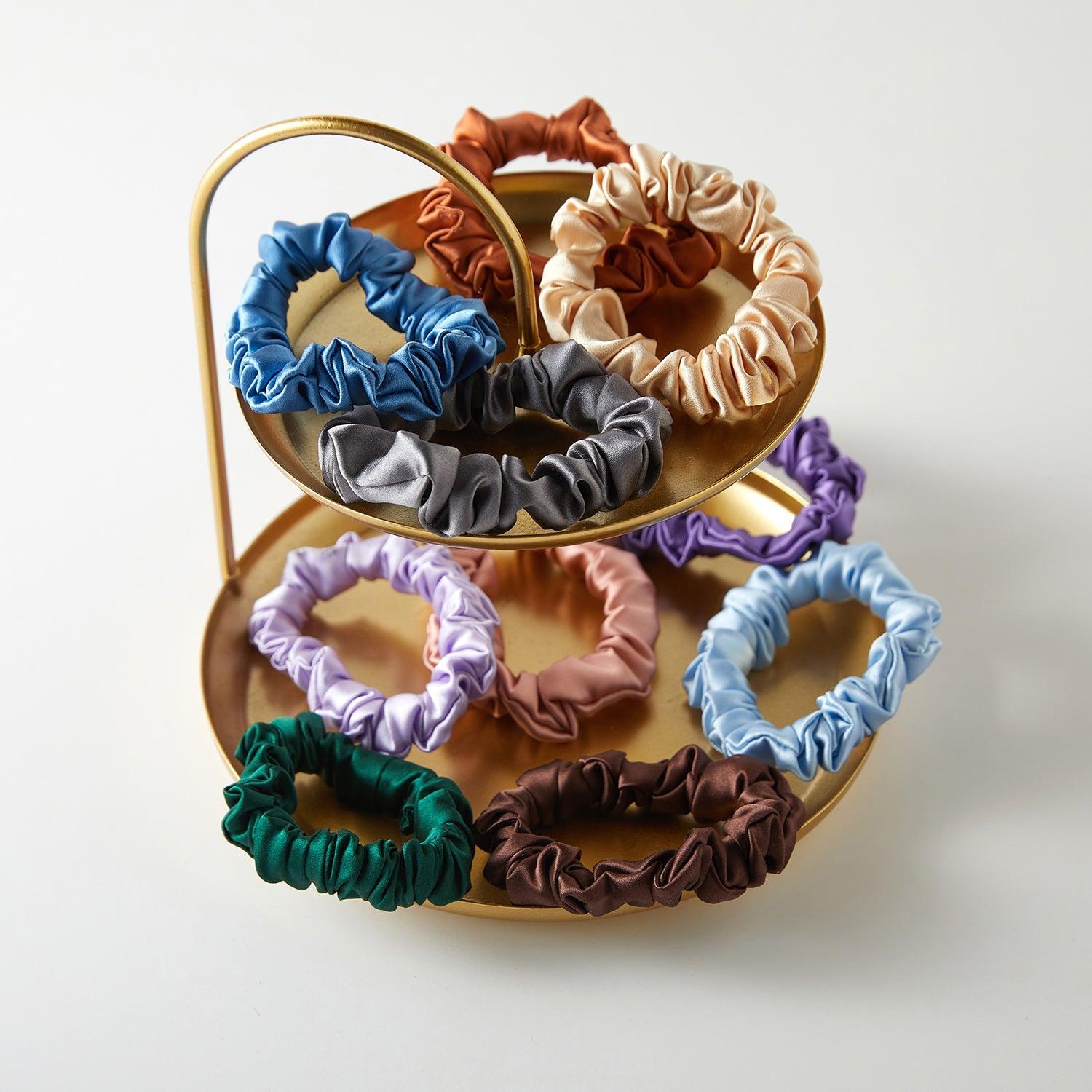 Set of 10 Mulberry Silk Mini Scrunchie Mystery Bag | Zero Waste Scrunchies | Solid and Print | 0.8 inch | 16 - 32 Momme Product Image
