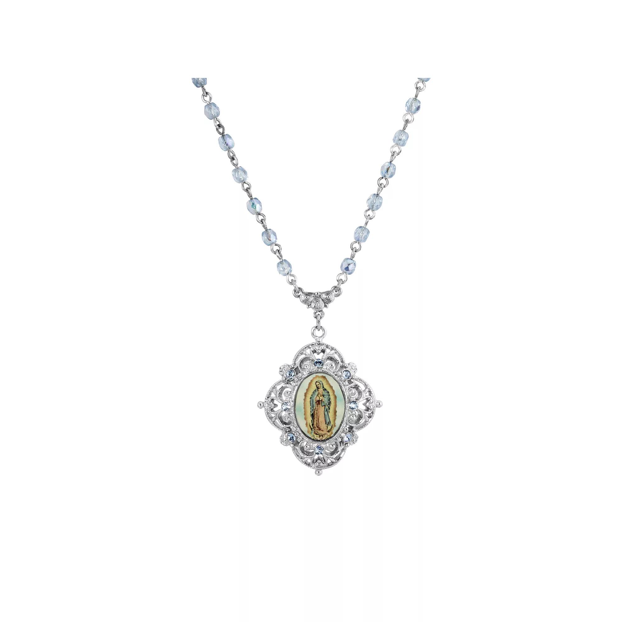 1928 Silver Tone Beaded Chain Mary Pendant Necklace, Womens, Blue Product Image