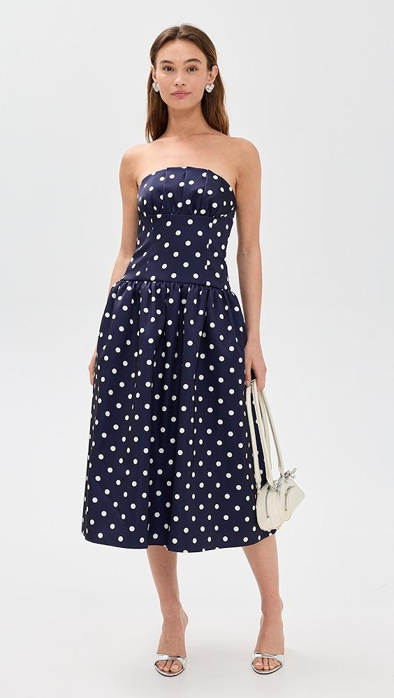 Self Portrait Navy Polka Dot Satin Midi Dress | Shopbop Product Image