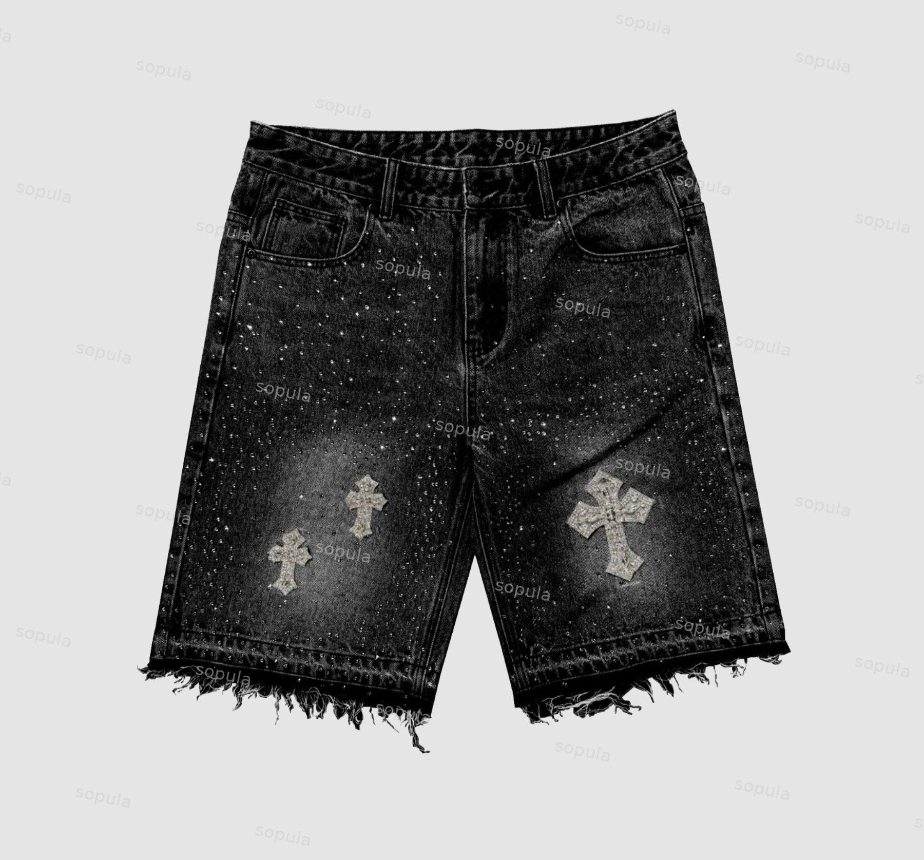 Hiphop Cross Hot Diamond Jorts Denim Shorts Product Image