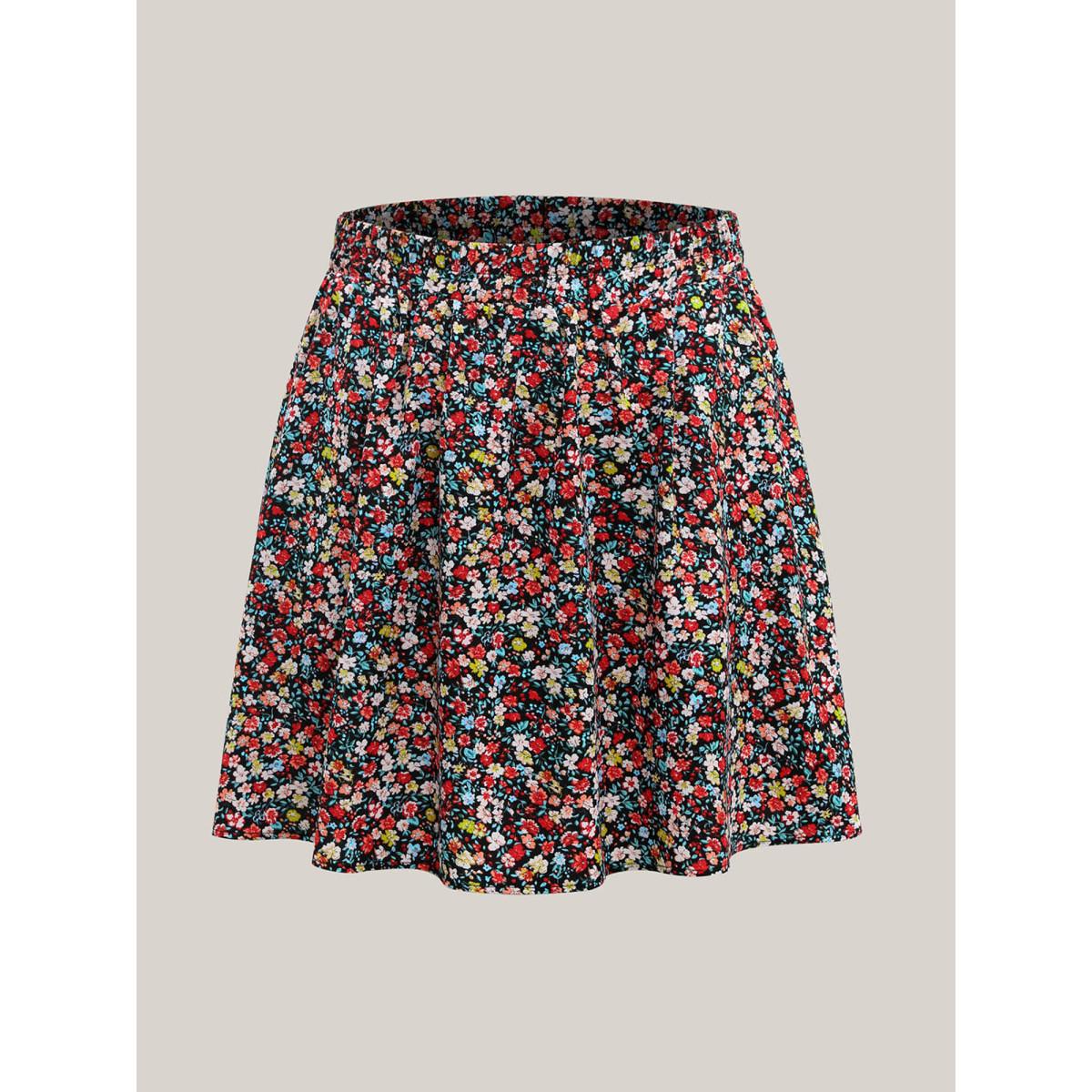 Plus Size Floral Print Stretchy Smocked Waist Mini Skirt Women Multicolor Timeless Gathered Low stretch Side seam pocket Elegant Skirts BloomChic 22-24/3X Product Image
