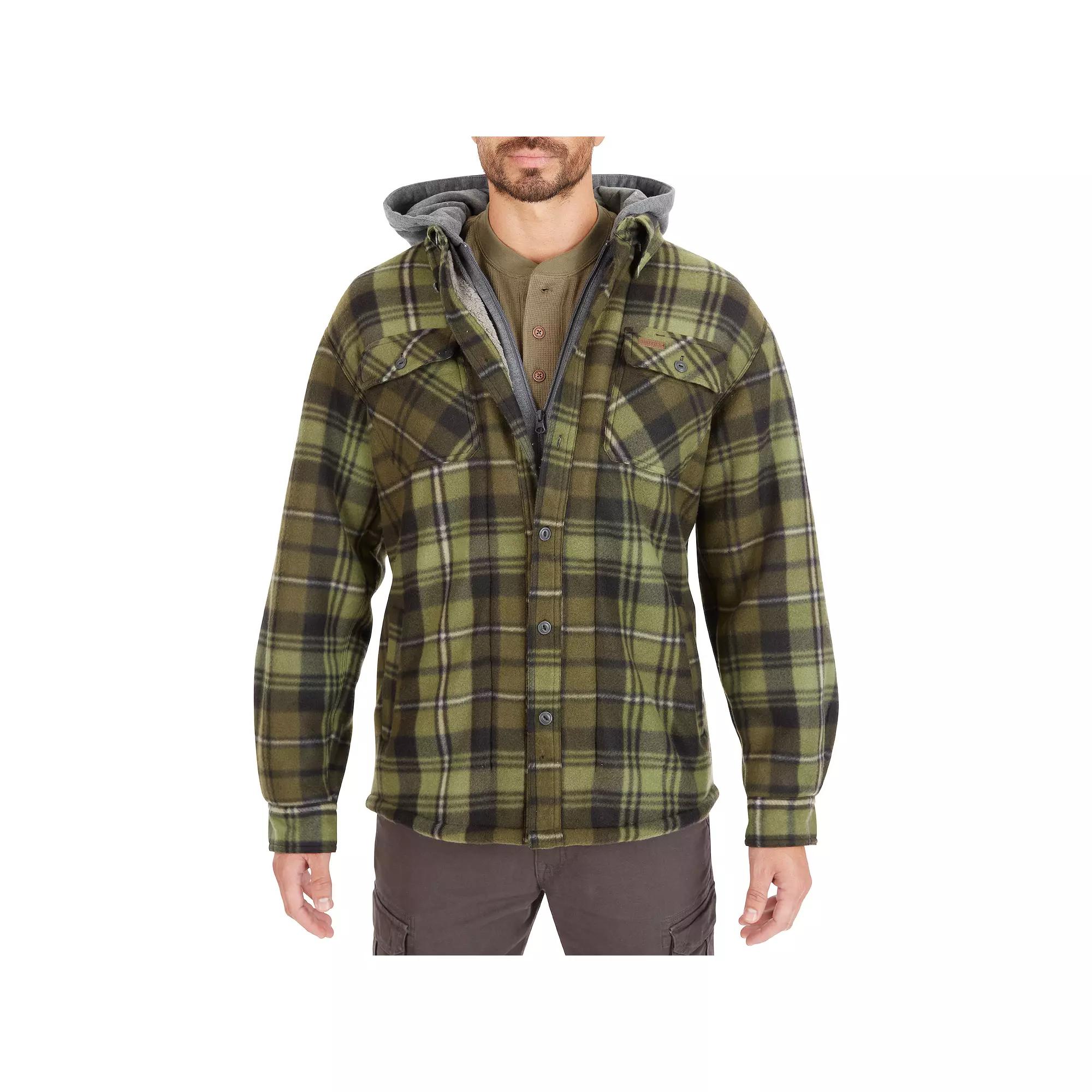 Men's Smith's Workwear Plaid Sherpa-Lined Microfleece Hooded Shirt Jacket, Size: Large, Black Olive Product Image