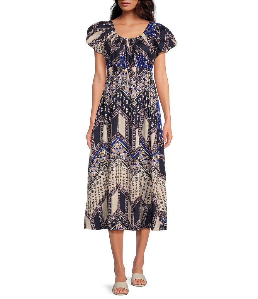 tyler boe Hailey Tapestry Foulard Print Scoop Neck Puff Cap Sleeve Empire Waist Midi A-Line Dress Product Image