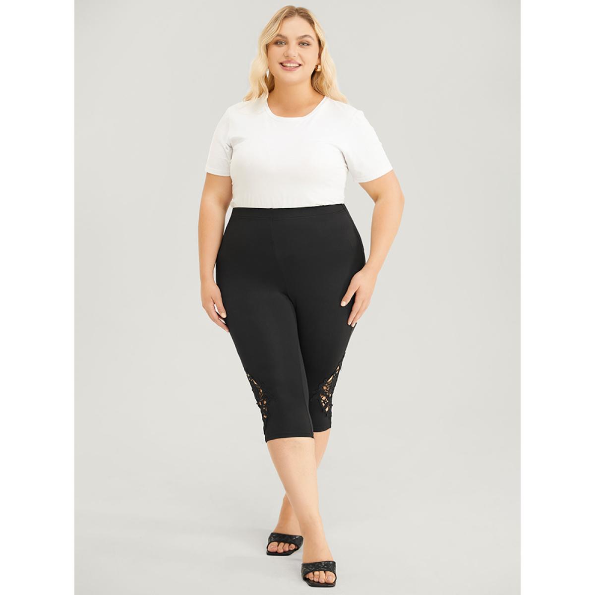 Plus Size Skinny Contrast Lace Cropped Leggings Women Black Elegant Medium stretch Skinny High Rise Dailywear Leggings BloomChic 10/M Product Image