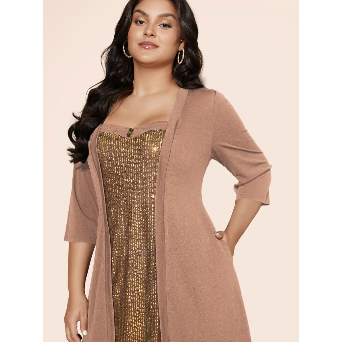 Plus Size Heart Neckline Patchwork Sequin Button Detail Dress Bronze Women Cocktail Texture Party Curvy Bloomchic 26/4X Product Image