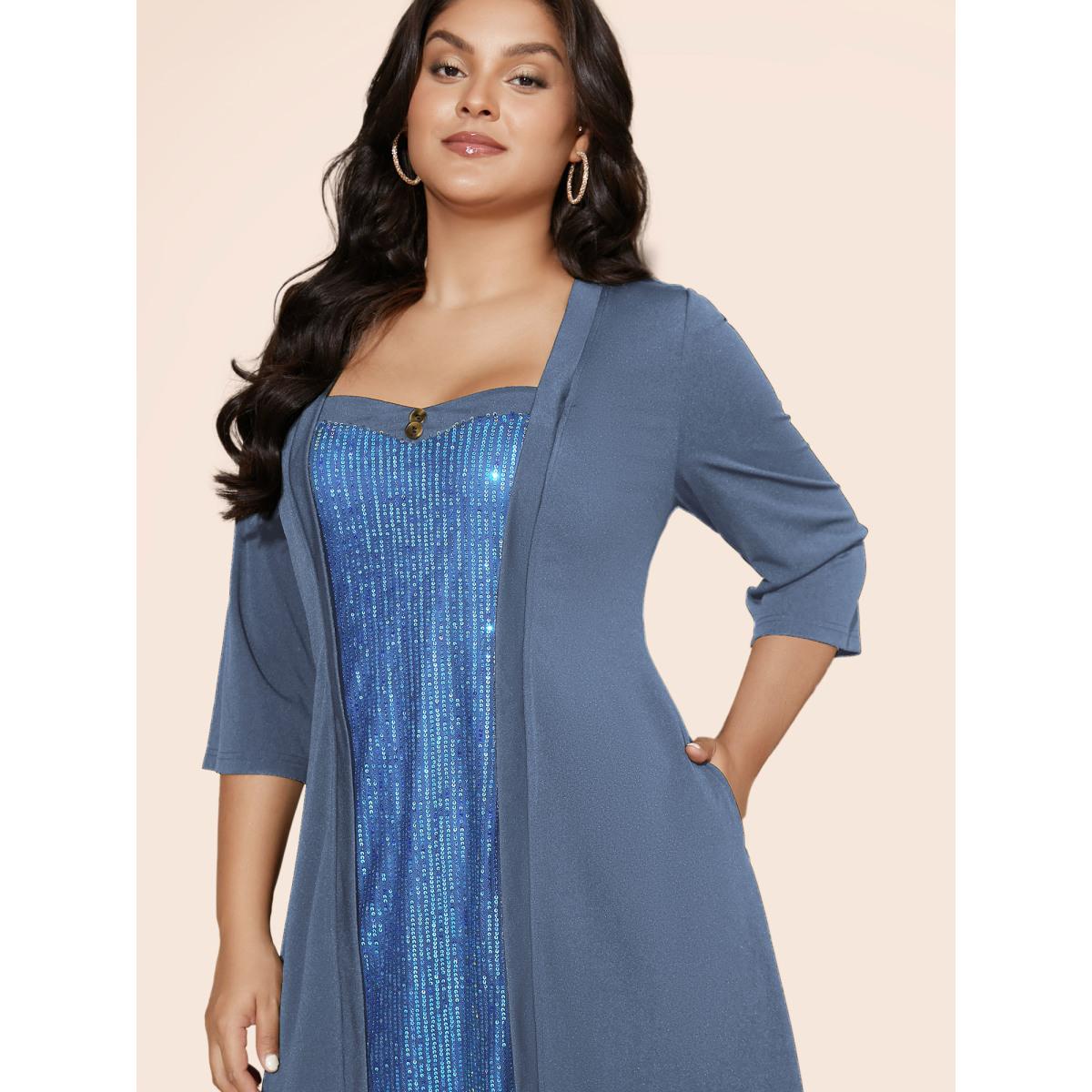 Plus Size Heart Neckline Patchwork Sequin Button Detail Dress Skyblue Women Cocktail Texture Party Curvy Bloomchic 22-24/3X Product Image