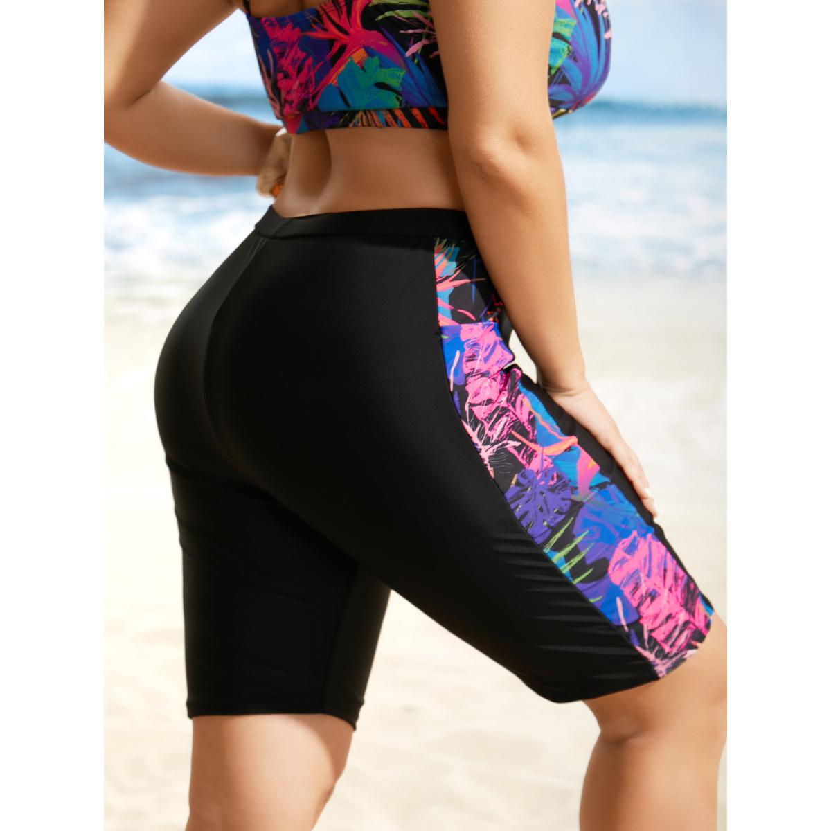 Plus Size Tropical Print Patchwork Pocket Swim Bottom Women's Swimwear Black Beach Patchwork High stretch Skinny High Rise Curve Swim Bottoms BloomChic 10/M Product Image