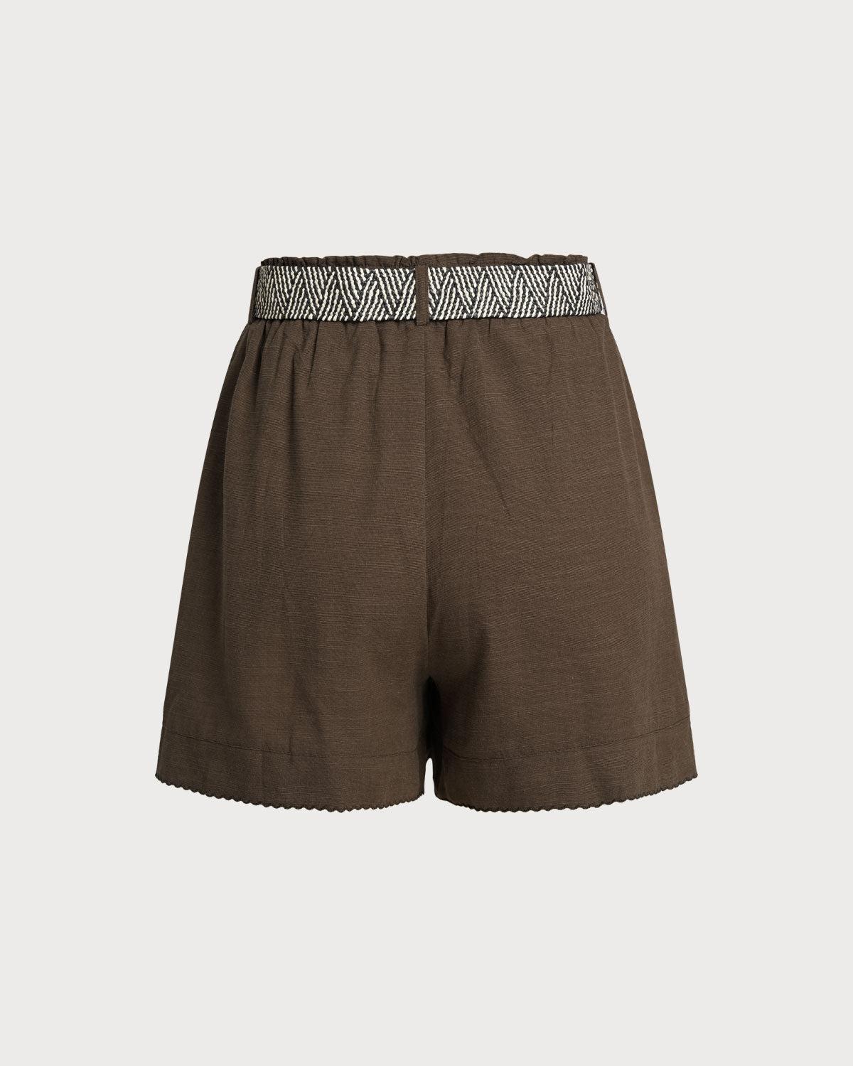 Coffee Elastic Waist Belted Shorts Product Image