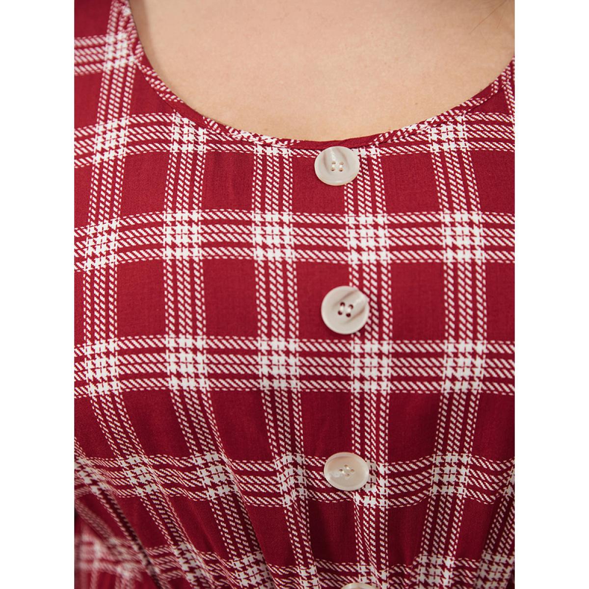 Plus Size Raspberry Tartan Button Detail Lantern Sleeve Blouse Women Elegant Long Sleeve V-neck Dailywear Blouses BloomChic 26/4X Product Image