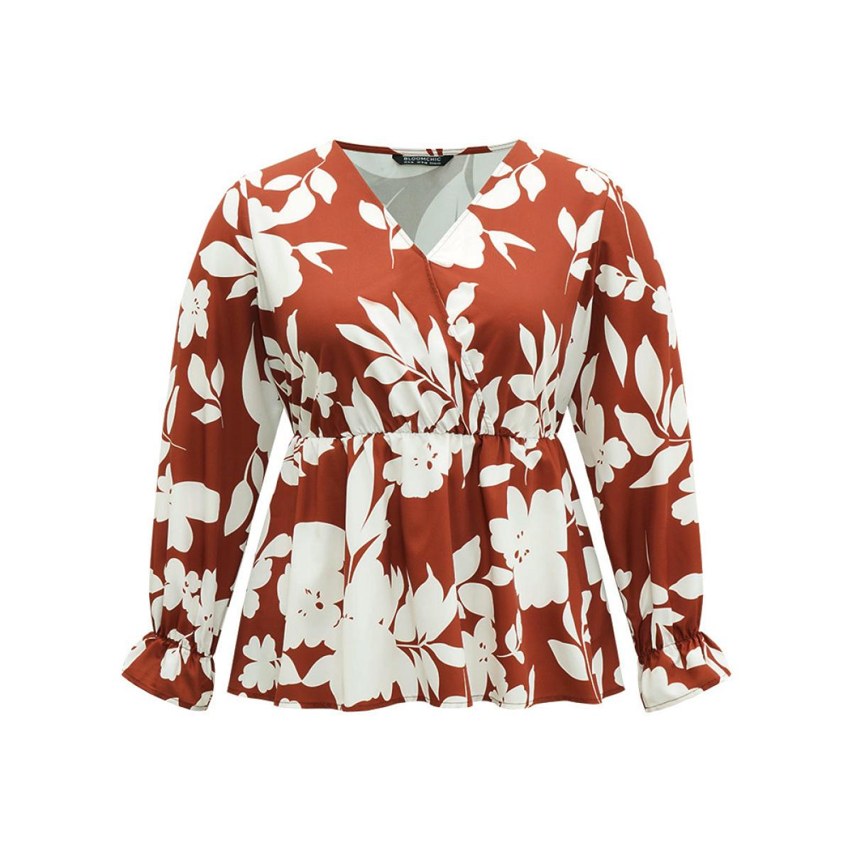 Plus Size Chocolate Silhouette Floral Print Elastic Waist Blouse Women Elegant Long Sleeve V-neck Dailywear Blouses BloomChic 22-24/3X Product Image