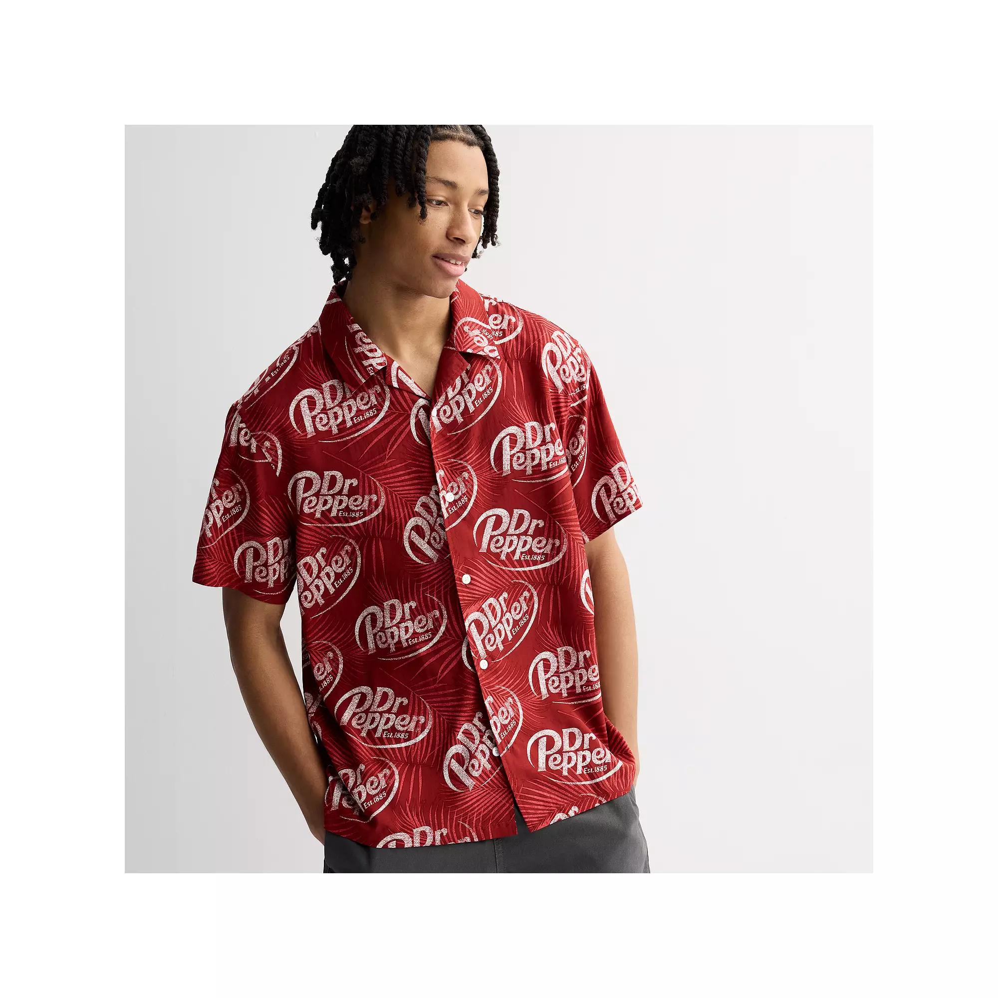Men's Dr. Pepper Logo & Palm Leaves Print Woven Short Sleeve Button-Down Shirt, Size: XL, Red Product Image