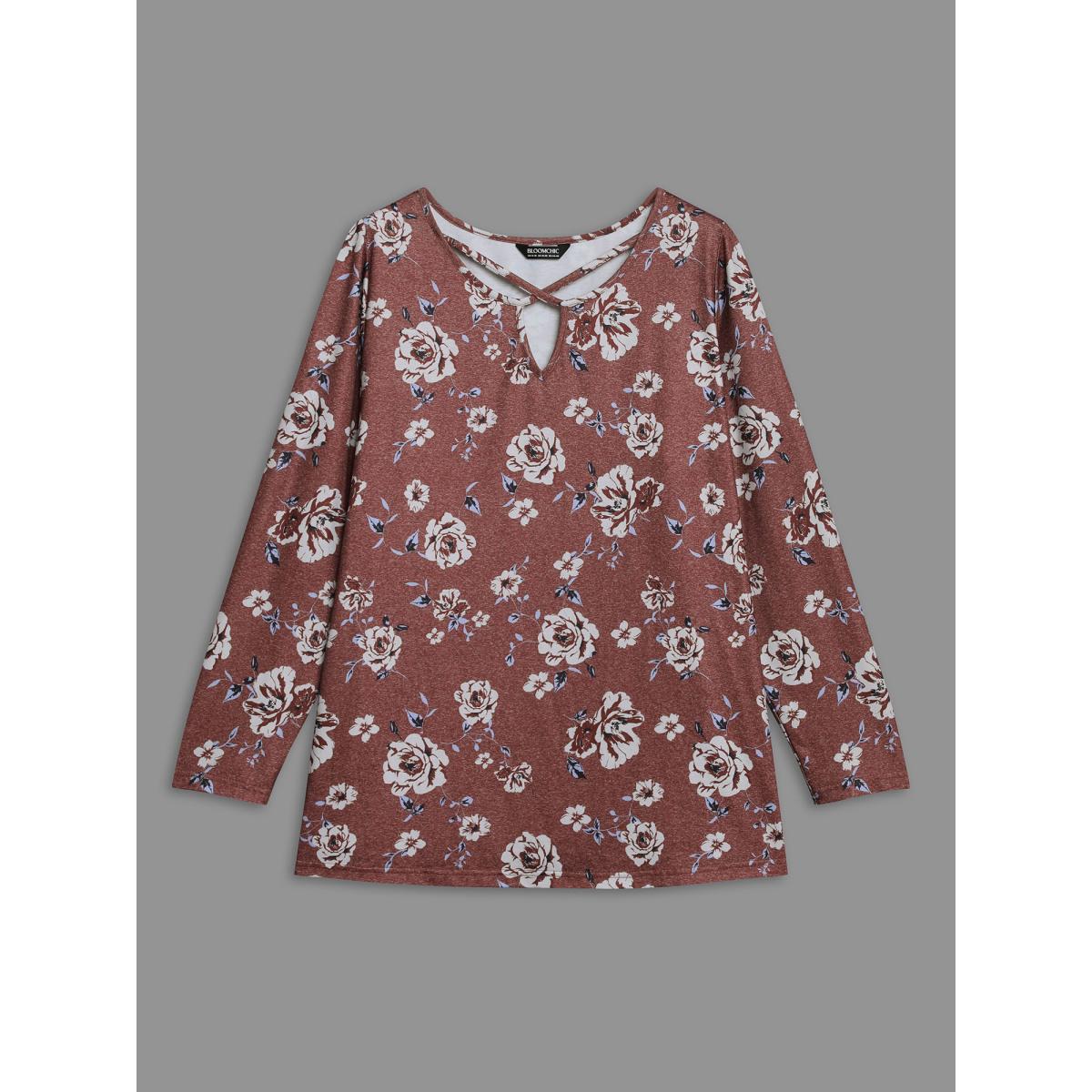 Plus Size Notched Collar Floral Crisscross T-Shirt Scarlet Women Leisure Cut-Out Natural Flowers Notched collar Casual T-shirts BloomChic 18-20/2X Product Image