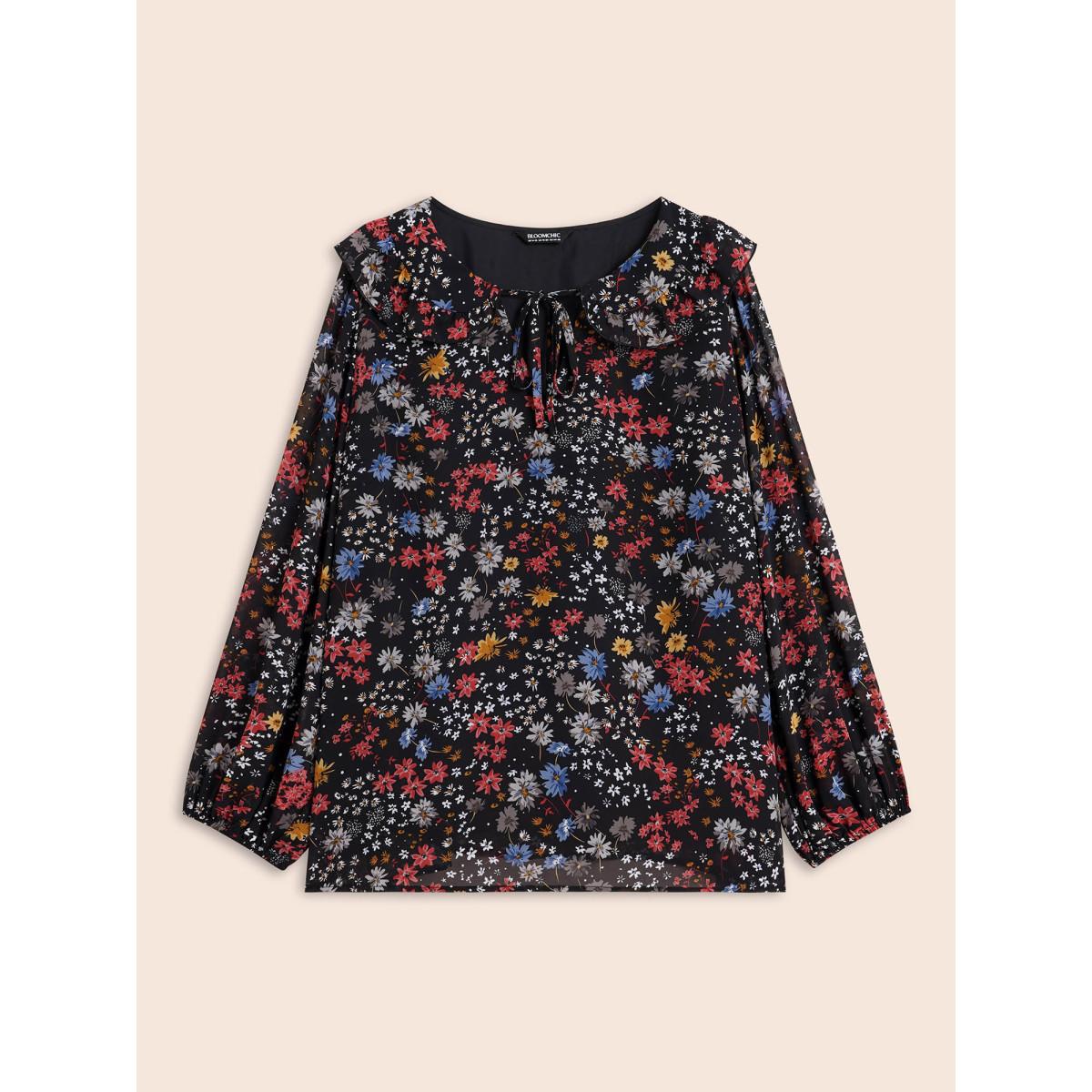 Plus Size Black Chiffon Floral Tie Knot Ruffle Trim Blouse Women Elegant Long Sleeve V-neck Everyday Blouses BloomChic 22-24/3X Product Image