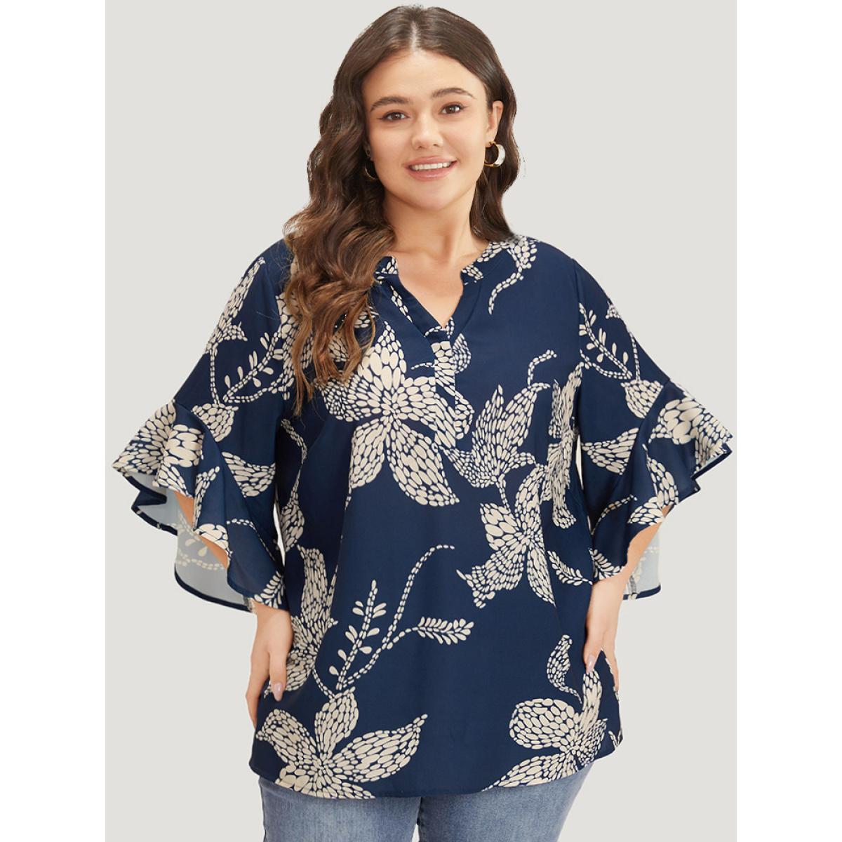 Plus Size Indigo Silhouette Floral Print Bell Sleeve Ruffle Trim Blouse Women Elegant Half Sleeve V-neck Dailywear Blouses BloomChic 22-24/3X Product Image