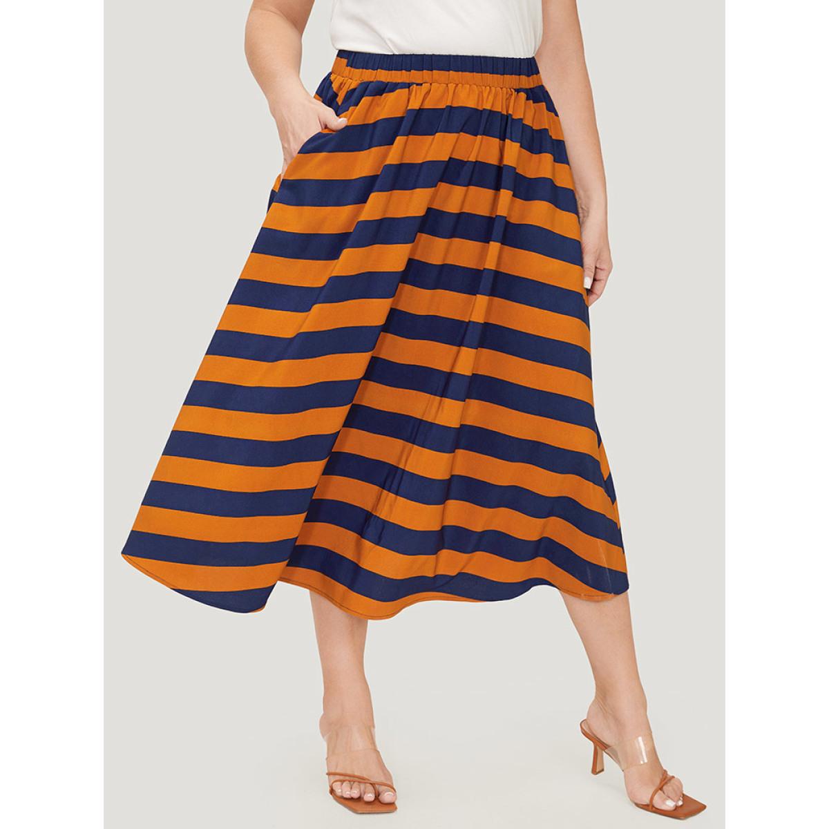 Plus Size Striped Print Ruffle Hem Pocket Skirt Women Multicolor Office Contrast Low stretch Pocket Work Skirts BloomChic 12/L Product Image