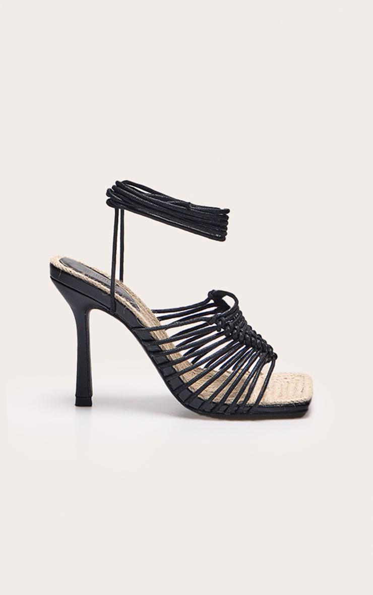 Black Pu Square Knotted Toe Lace Up Heeled Sandals Product Image