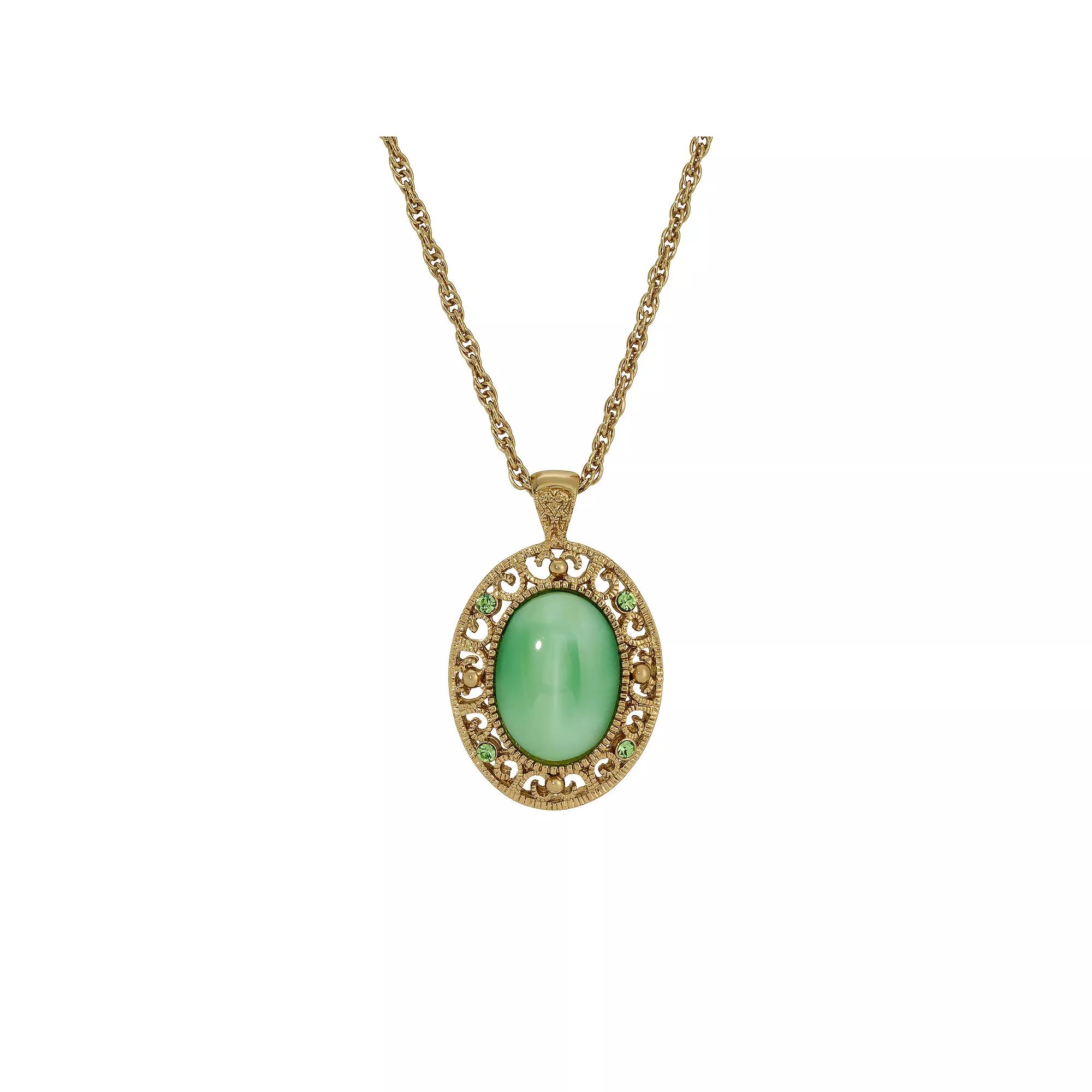 1928 Gold Tone Green Crystal Oval Pendant Necklace, Women's Product Image