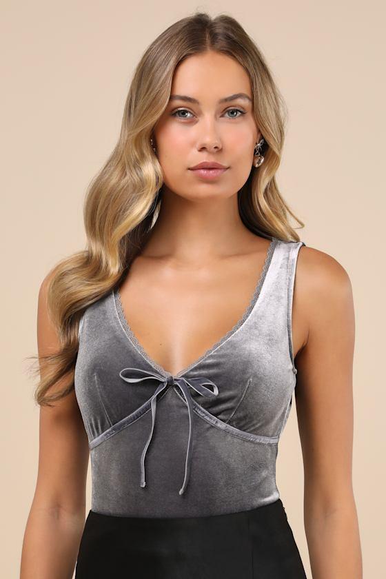 Dreamy Chicness Dark Grey Velvet Sleeveless Bodysuit Product Image
