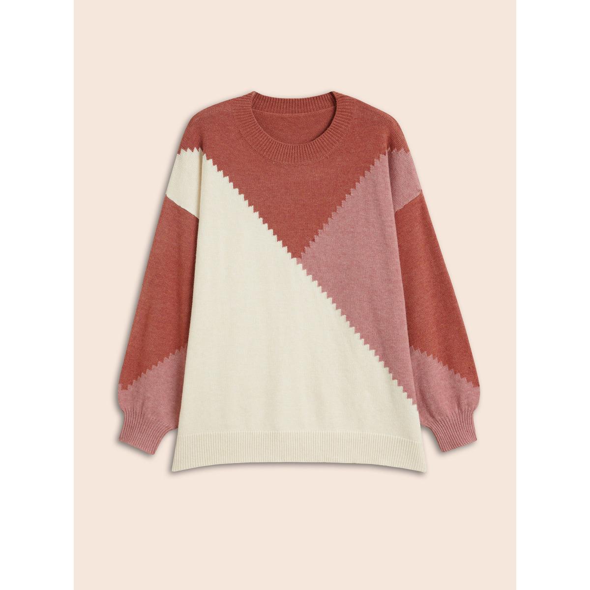 Plus Size Colorblock Contrast Round Neck Pullover DustyPink Women Casual Long Sleeve Round Neck Everyday Pullovers BloomChic 12/L Product Image