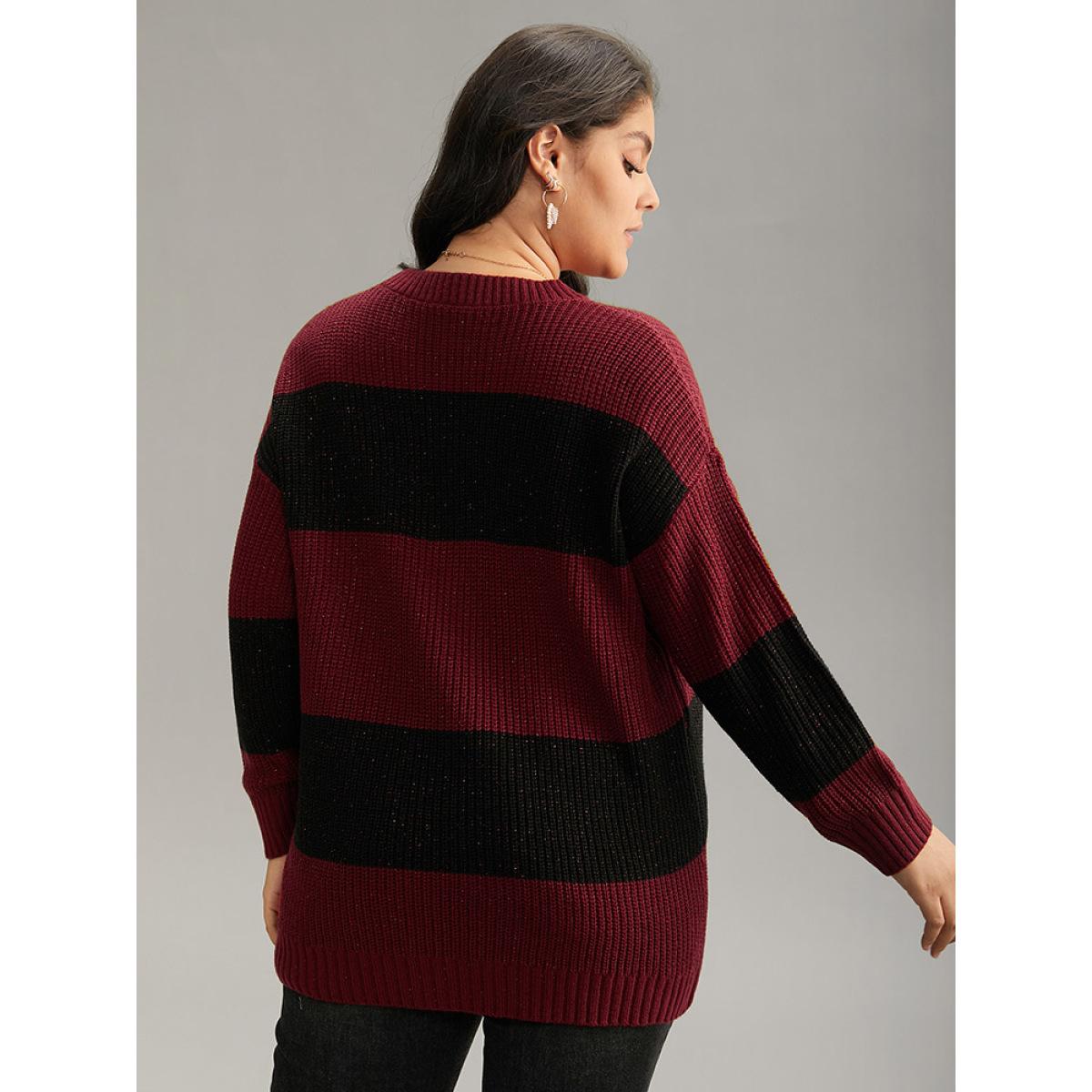 Plus Size Sparkly Two Tone Colorblock Pullover Scarlet Women Casual Loose Long Sleeve Round Neck Dailywear Pullovers BloomChic 18-20/2X Product Image