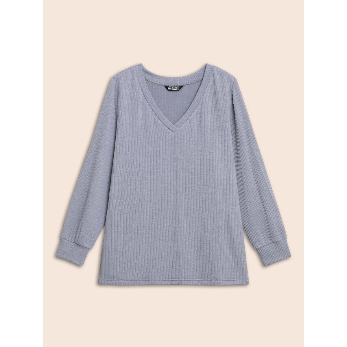 Plus Size Plain Textured Split Hem T-shirt Mediumgray Women Casual Texture V-neck Everyday T-shirts BloomChic 26/4X Product Image