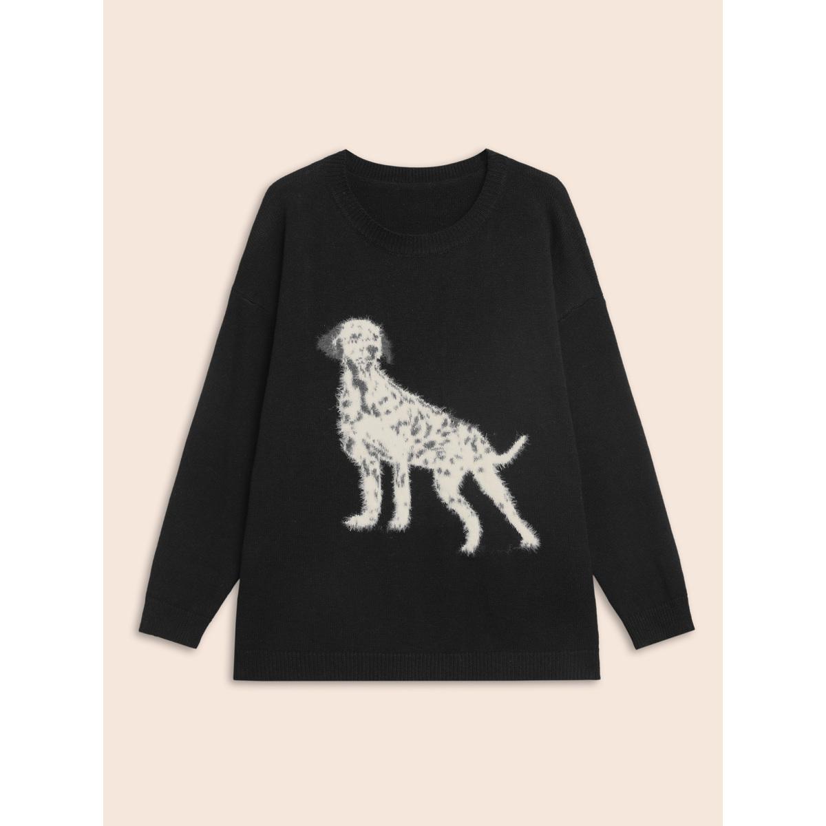 Plus Size Dog Jacquard Fluffy Drop Shoulder Pullover Black Women Casual Long Sleeve Round Neck Everyday Pullovers BloomChic 22-24/3X Product Image